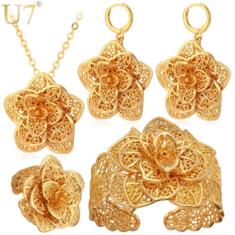 U7 Hollow Out petals 3D Flower Jewelry Set for Woman Dangle Earring Ring Necklace 3pcs/set Party Anniversary Jewelry