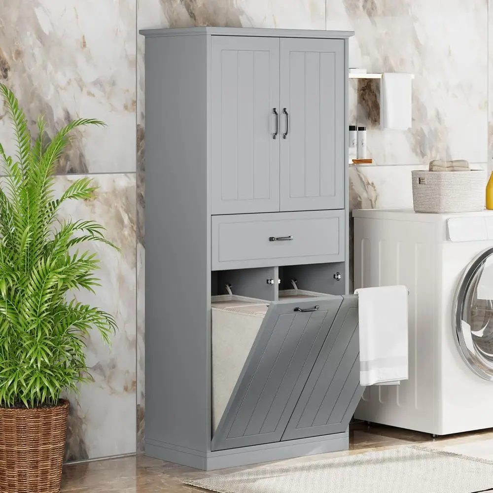 

Grey Freestanding Wood Laundry Cabinet with 2 Hampers, Doors, and Adjustable Shelves