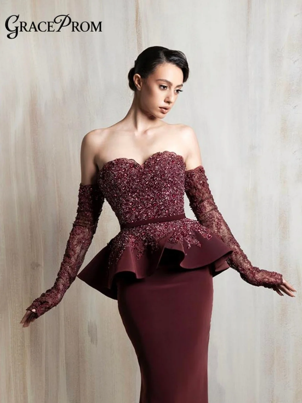 

Vintage Strapless Evening Dress 2026 Regal Burgundy Beading Sequins Party Dress Peplum Sheer Long Sleeve Formal Celebrity Gown