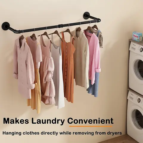 36" Industrial Pipe Wall Mounted Clothes Rack Heavy Duty Iron Garment Hanging Rod Closet Organizer