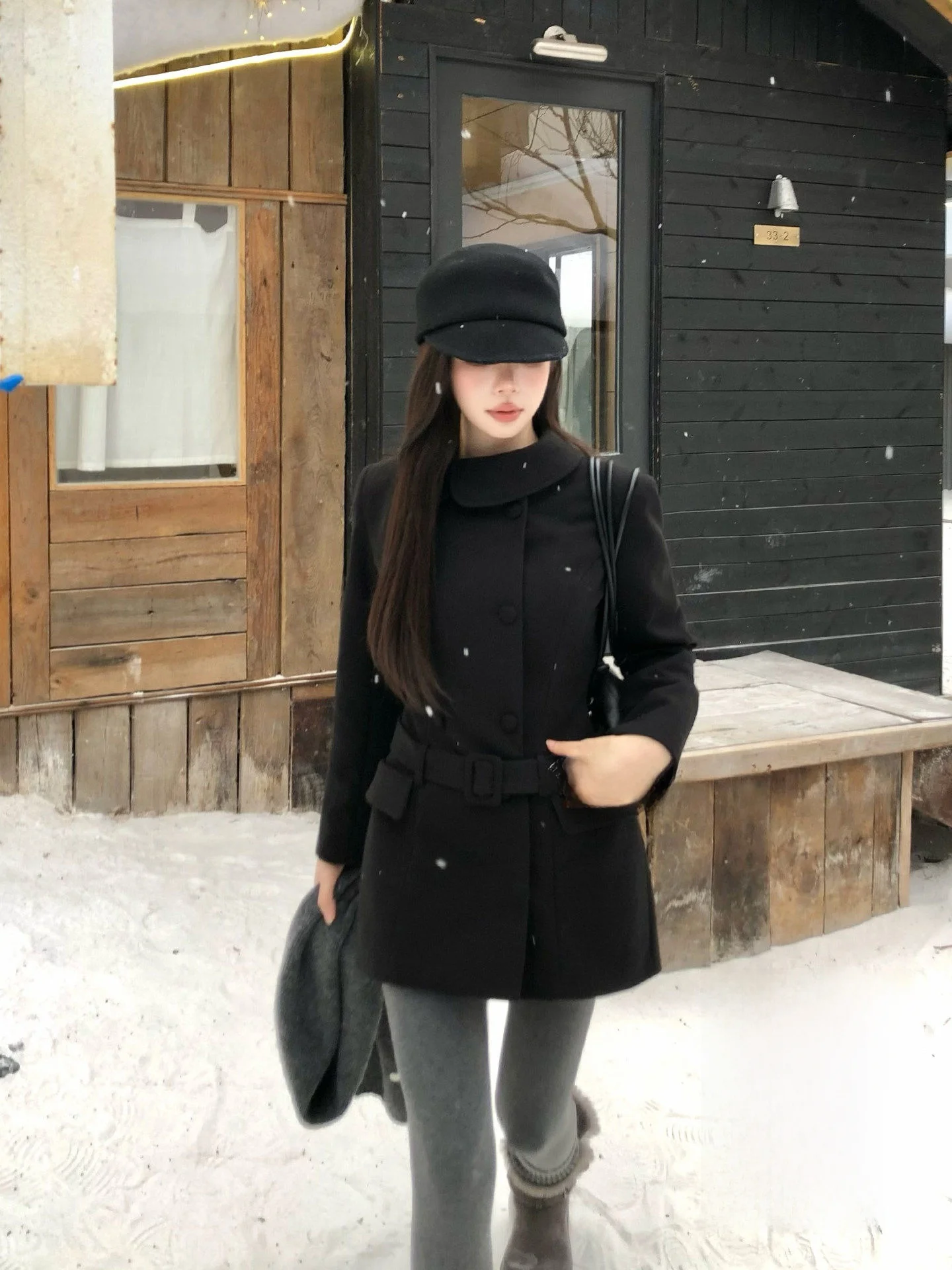 

Зимнее шерстяное пальто женское, приталенное, двубортное, с асимметричным воротником, с завышенной талией