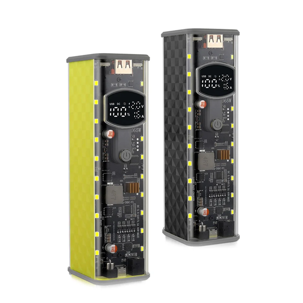 Caixa de Bateria Transparente PD 65W para Carregamento Super Rápido, Case Recarregável Sem Solda para 8 Baterias 18650, Tensão DC Ajustável