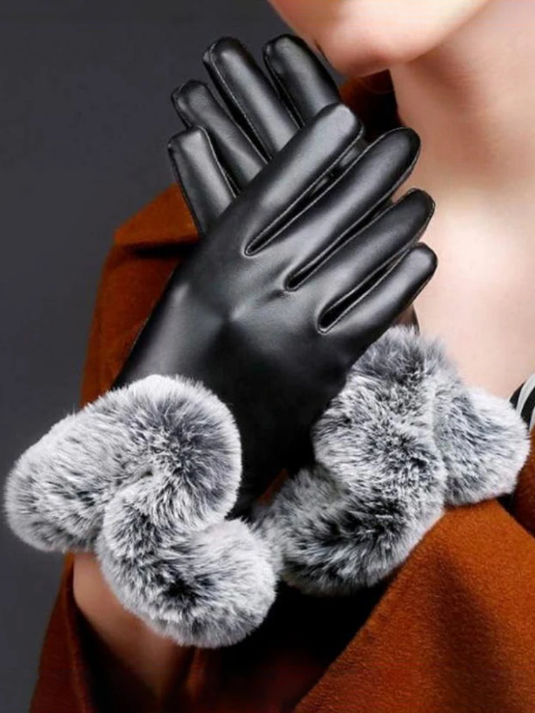 Guantes cálidos de piel de conejo para mujer, mitones cálidos de cuero PU negro, otoño e invierno, 1 par