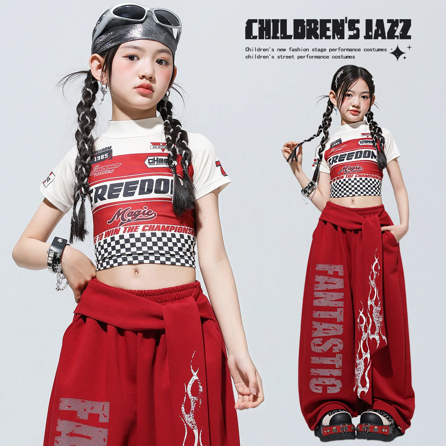 Girls K-pop Fashion Motorcycle Crop Top Wine-red Lace-up Trousers Kids Hip Hop Streetwear Children Jazz Girl Group Clothes Sets