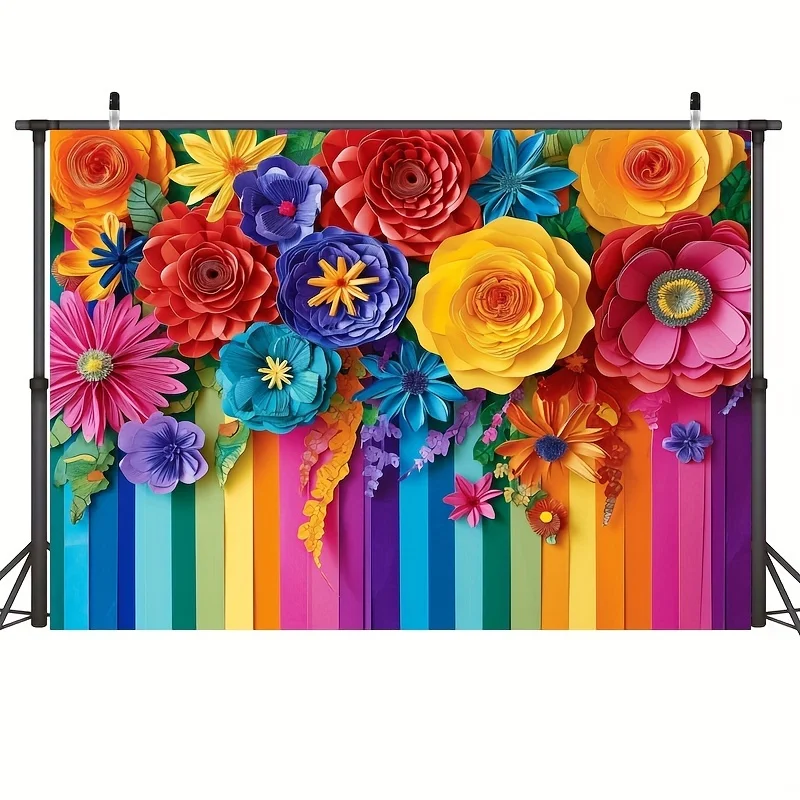 Mexican themed striped paper flower party background - cake table decoration and photo booth party decoration background