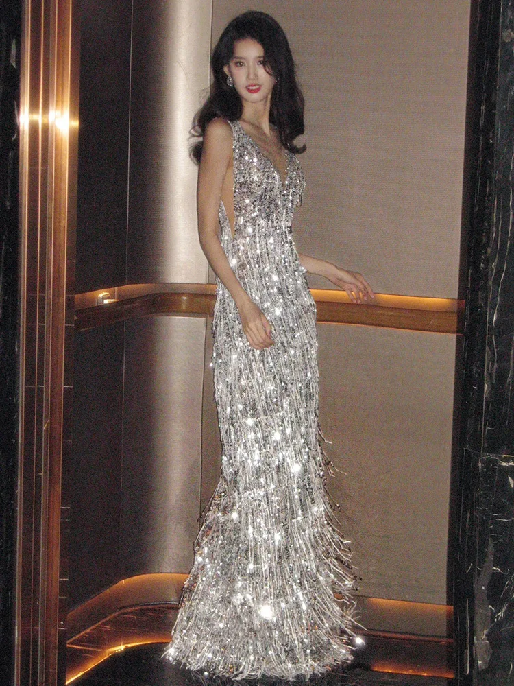Vestido de fiesta de lentejuelas con borlas plateadas de lujo, vestido Formal Sexy con cuello en V sin mangas y espalda descubierta, vestido de fiesta de noche largo ajustado de cintura alta