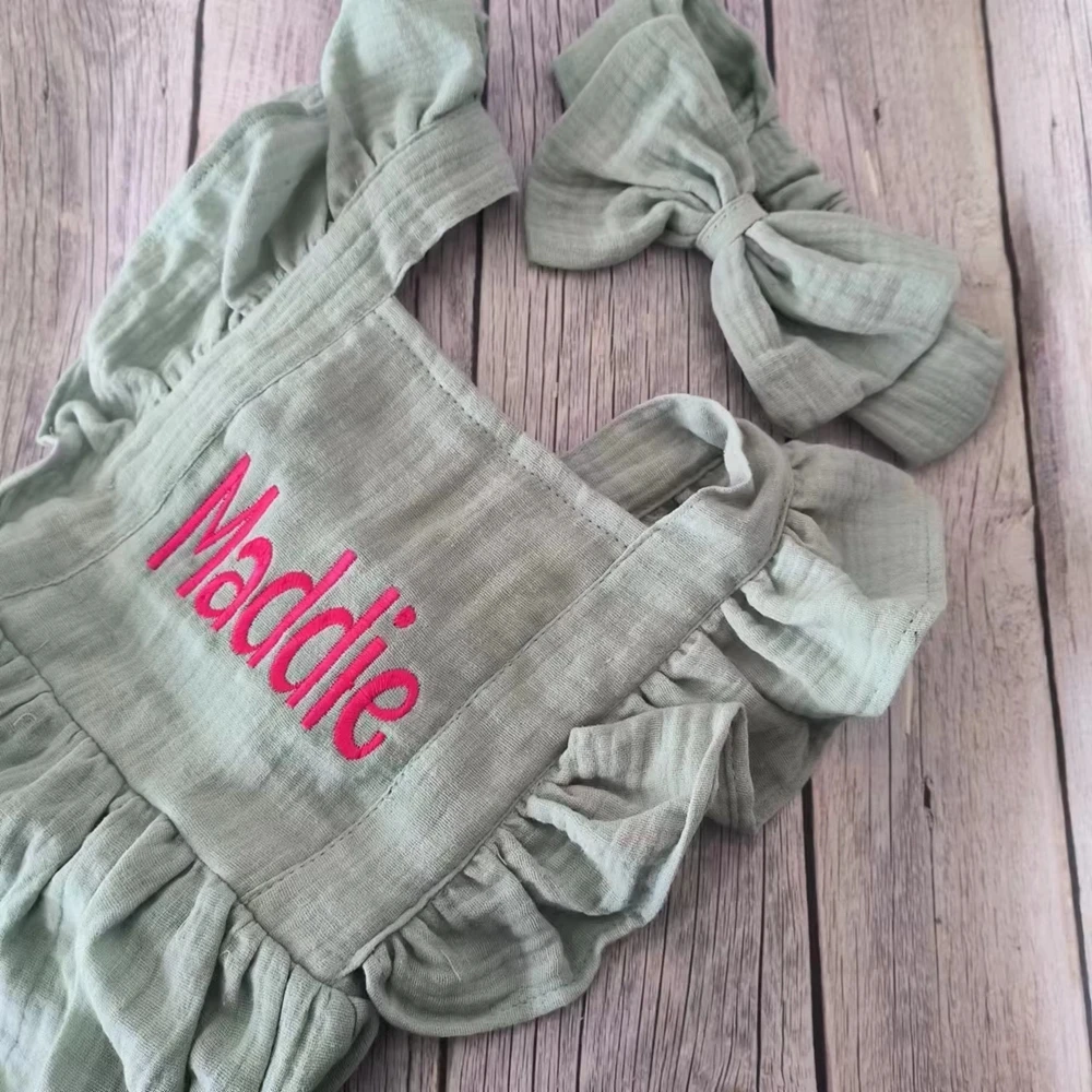 Newborn Photography Props Personalized Baby Girl Muslin Romper with Ruffle Shoulders Custom Name Embroidery Bow Headband