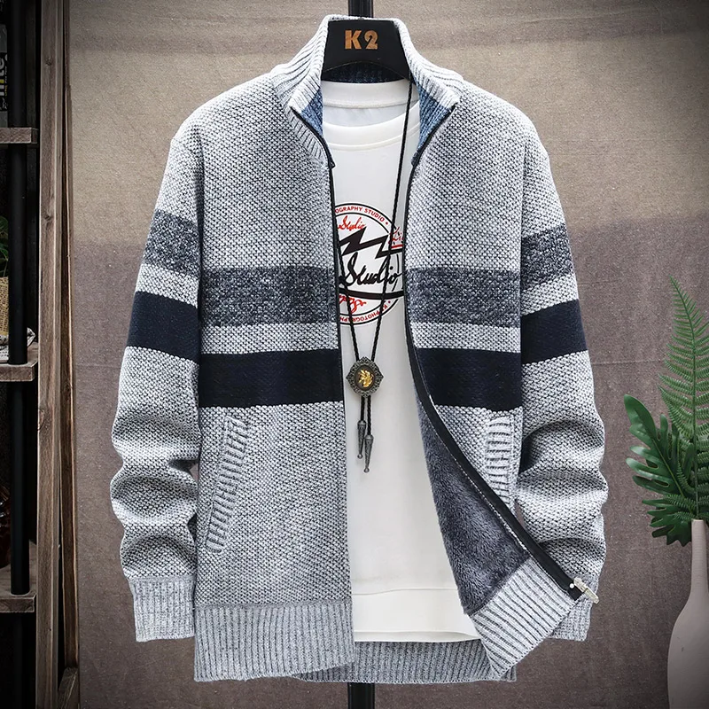 Men\'s Winter Sweater Thick Fleece Warm Korean Popular Clothes Casual Stand Collar Zipper Cardigan Fashion Striped Coat