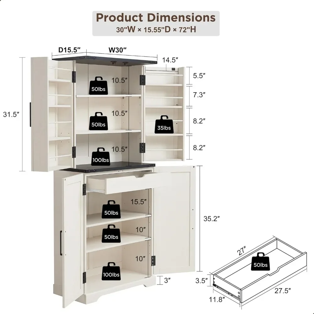 Dispensa da cucina alta 72 ", armadio portaoggetti da fattoria con ante da fienile, Organizer, cassetto e ripiano regolabile, armadio in legno rustico