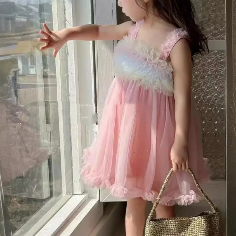 2024 Summer New Girls Stylish Sweet Slim Colorful Sling Spliced Gauze Gradient Comfortable Playful Casual Princess Dress