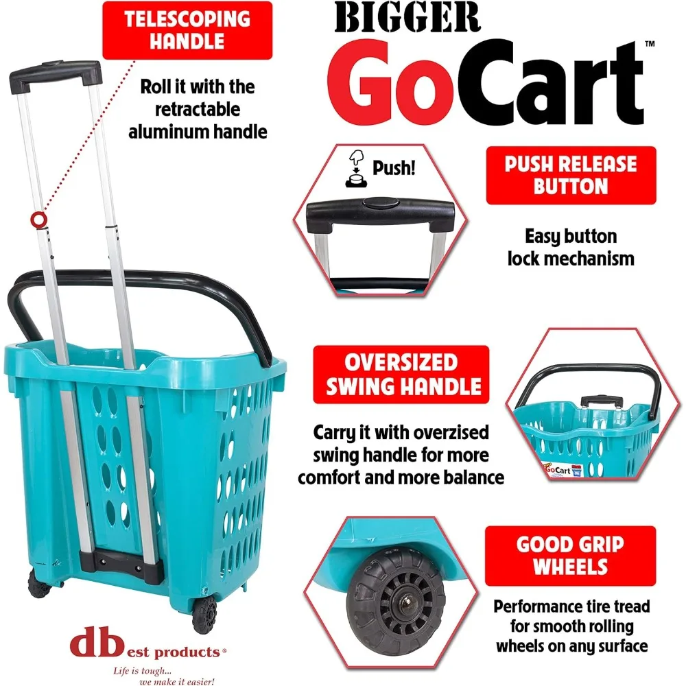 GoCart carrito de comestibles más grande, cesta de lavandería de compras rodante con ruedas, cesto con asa telescópica, carrito de limpieza, verde azulado