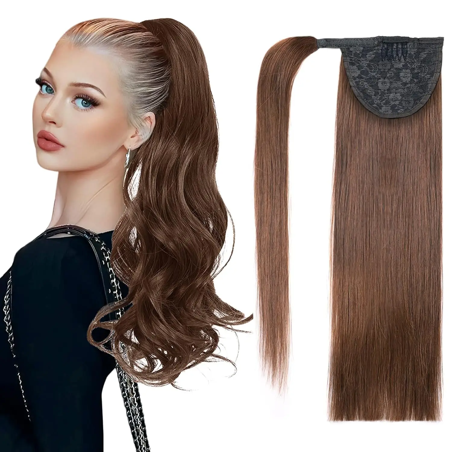 Rechte Paardenstaart Human Hair Extensions Remy Hair Machine Gemaakt Magische Wikkel Rond Clip In Paardenstaart Menselijk Haar Extensions Bruin 4 #