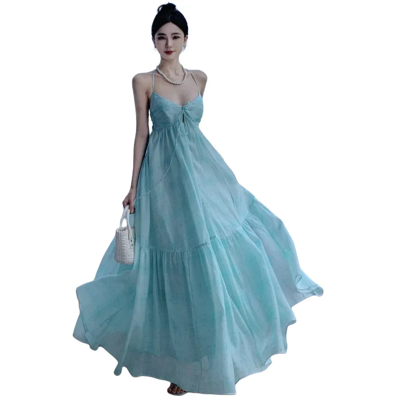 Fengxin Purple Mint Green V-neck Hanging Neck Strap Dress Long Dress Summer Beach Vacation Fairy Dress