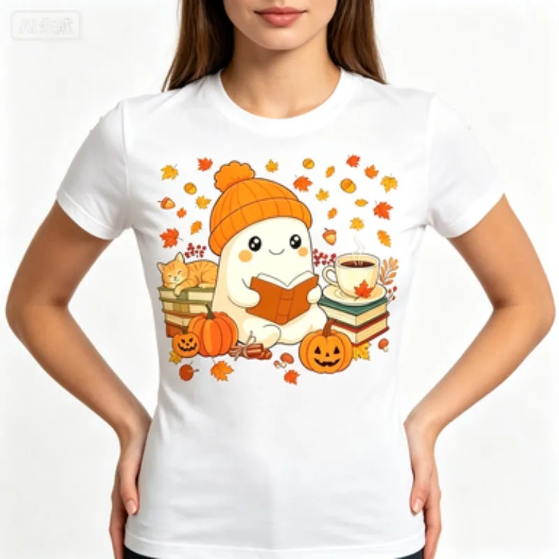 Women Slim‑fit Round Neck Short‑sleeve T‑Shirt Cute Autumn Ghost Reading Book Cat Pumpkin Maple‑leaf Graphic Fall Casual Tops