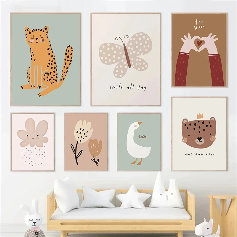 1pc frameless Canvas Painting Baby Kawaii Goose Leopard Bear Cherry Butterfly Wall Art Posters Nordic Canvas Painting And Prints