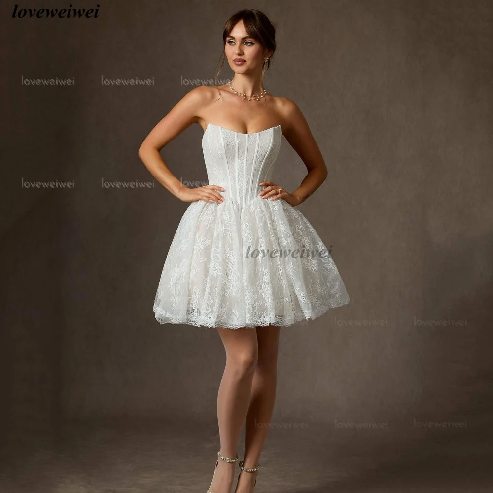 ชุดแต่งงานมินิแบบไร้สายรัด  ผ้าลูกไม้  ทรงเอ  แบบคลาสสิก  ชุดเจ้าสาวหรูหรา  ชุดแต่งงานแบบไม่มีแขน  ชุดเจ้าสาว  เวสติโดส เด โนเวีย