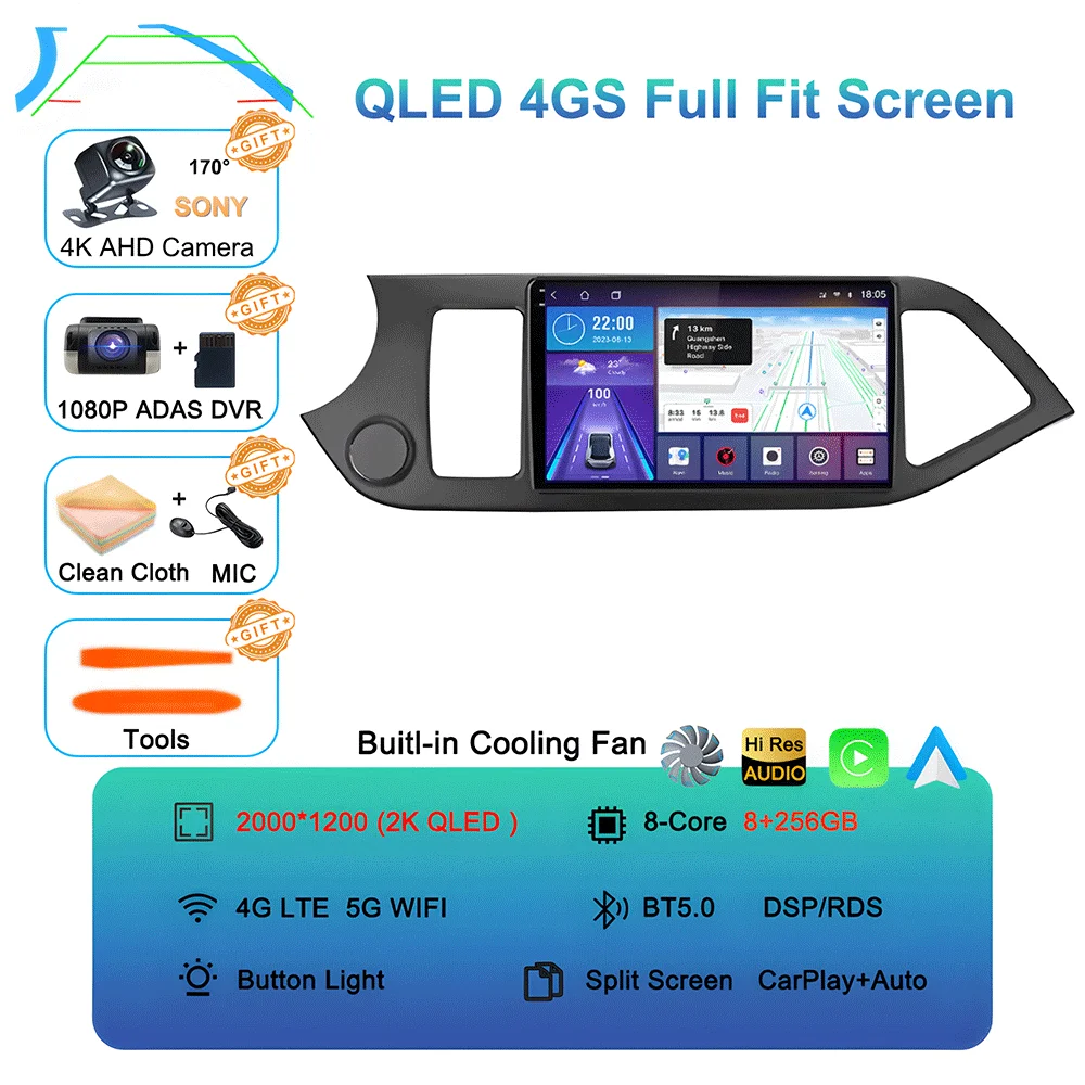 Android 16 Carplay Auto Voor KIA PICANTO Morning 2011 2012 2013 2014 2015 2016 Multimedia Auto Radio Navigatie Speler WIFI + 4G DSP - afbeelding 1
