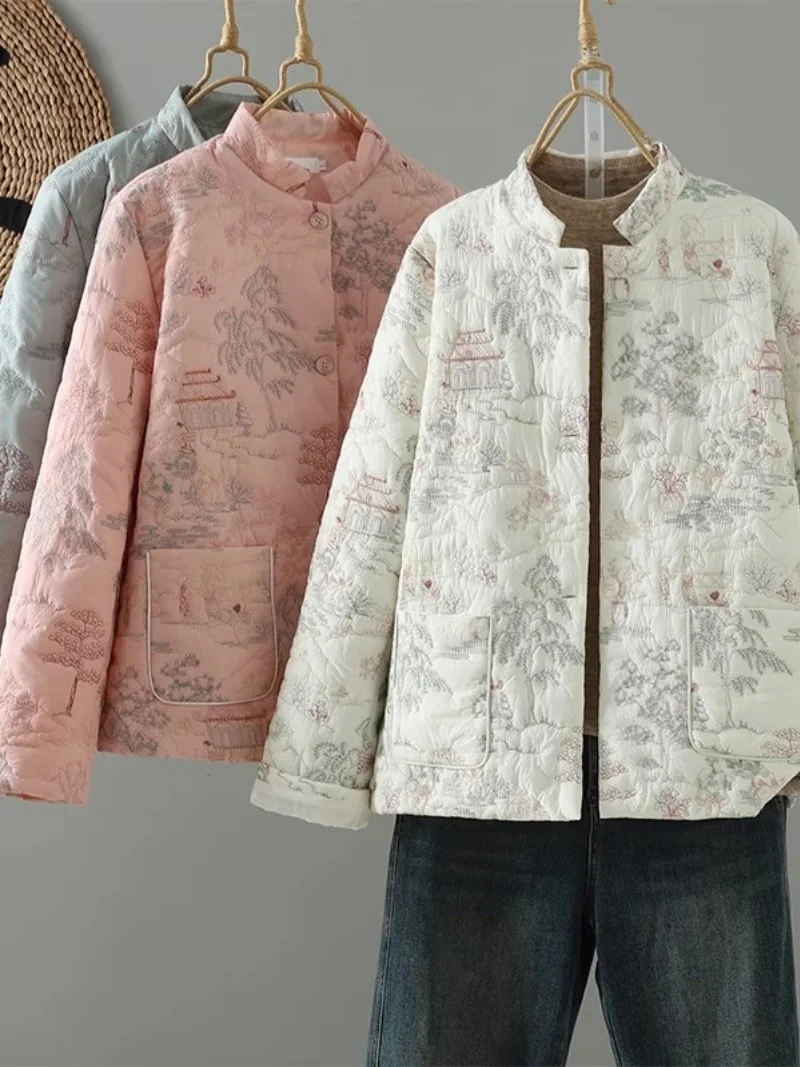 Lightweight Embroidered Cotton Jacket For Winter 2025 Autumn Chinese Style Top Retro Landscape Scenery Women Quilted Coat w1143