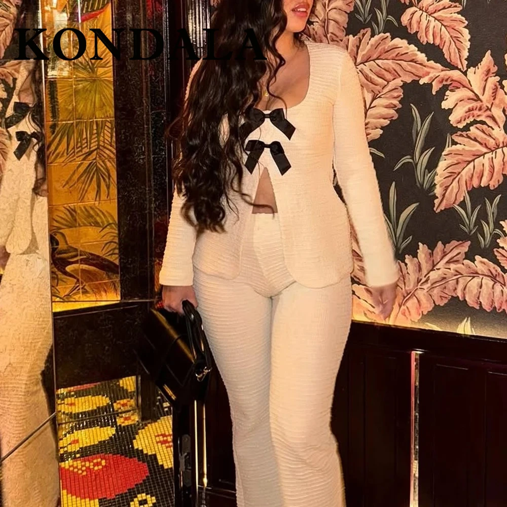 

KONDALA 2025 весенние женские винтажные костюмы с бантом, прямая рубашка + тонкие длинные расклешенные брюки на молнии, модные винтажные женские костюмы