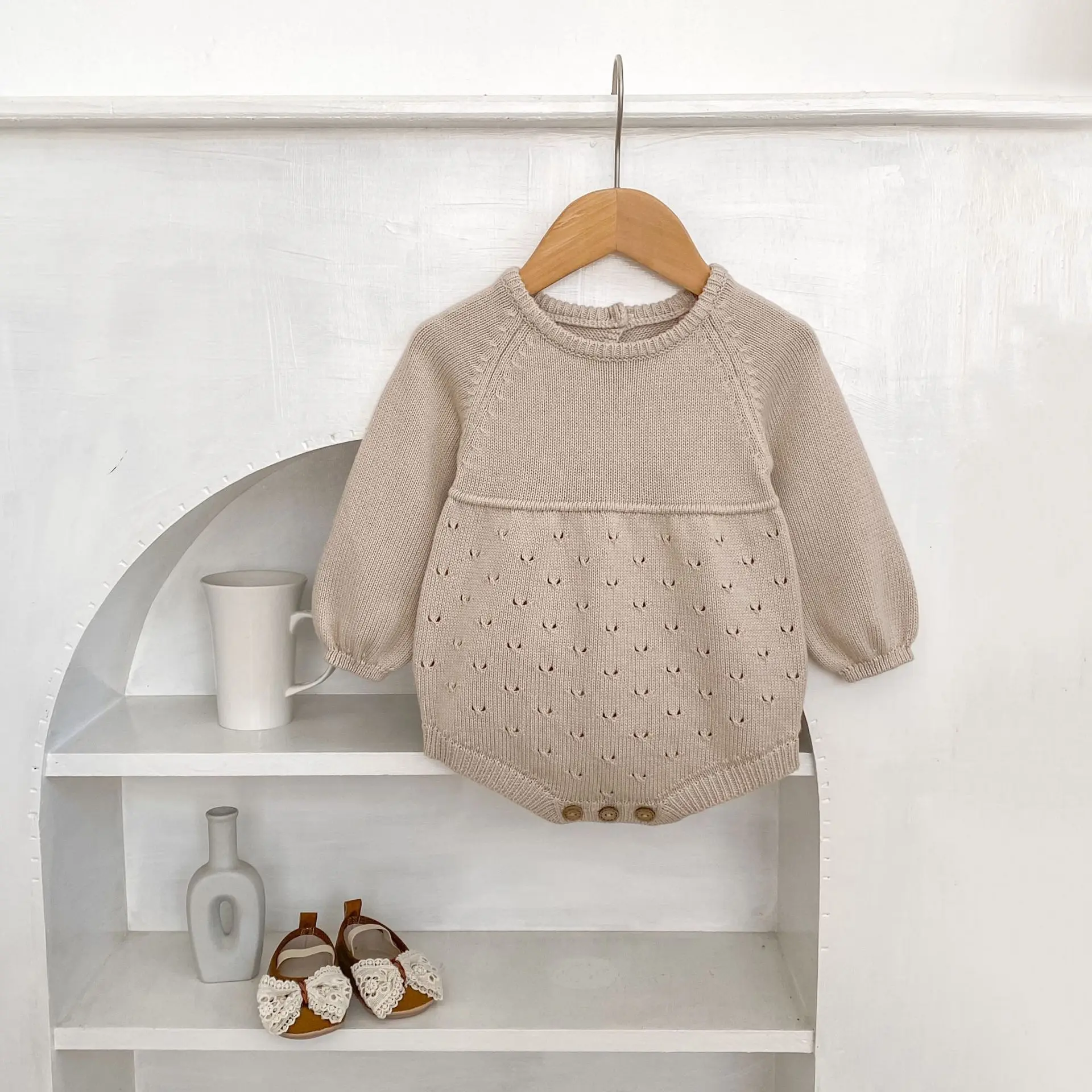 New Baby Autumn Wear for Boys and Girls  Lace-Up Knit Long Sleeve Bodysuit  Versatile One Piece Crawling Suit Cotton