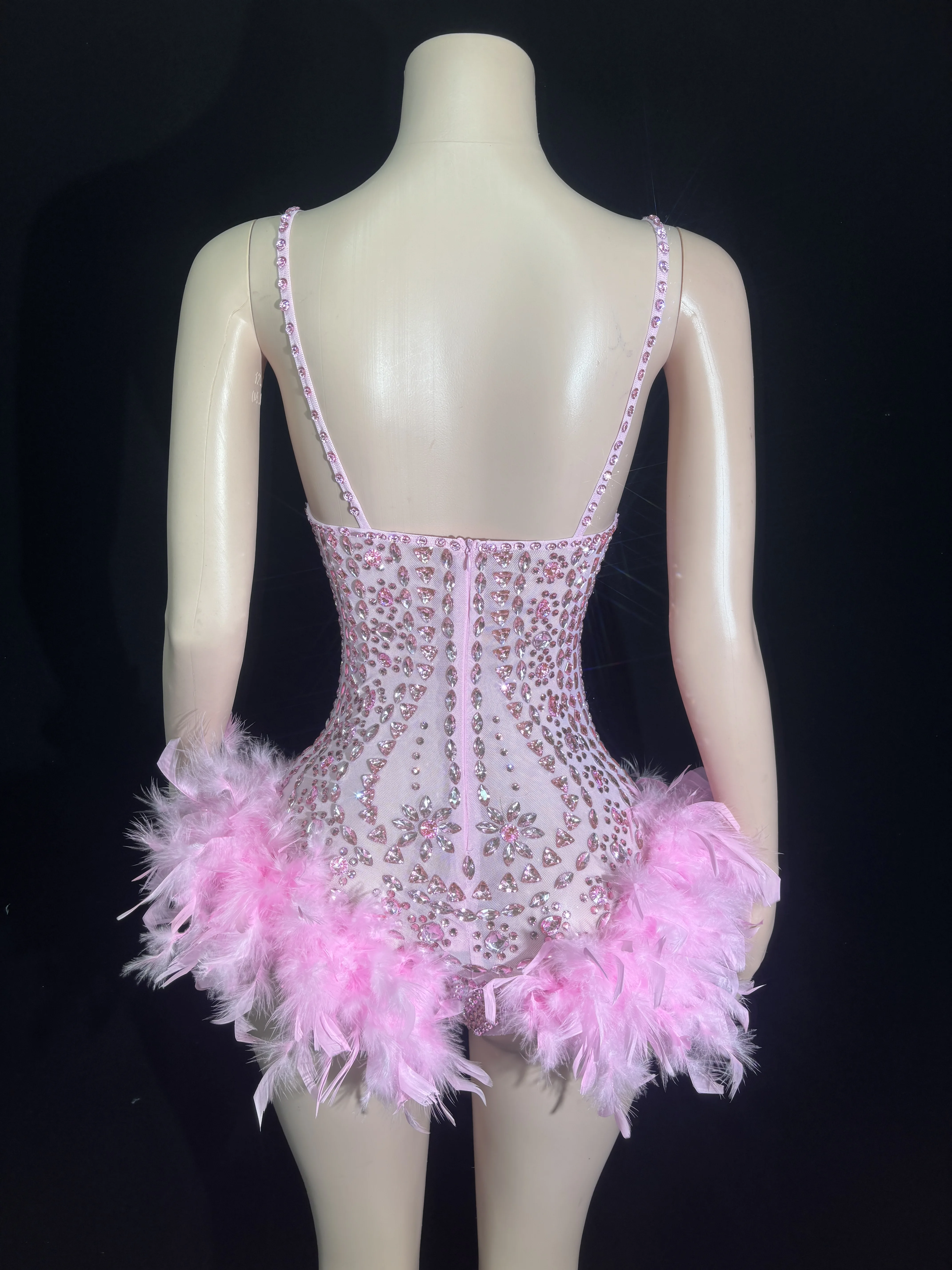 Sexy Sparkly Pink Red Silver Rhinestones Feathers Bodysuit Women Hollow Slip Performance Dance Costume Singer Dancer Stage Wear