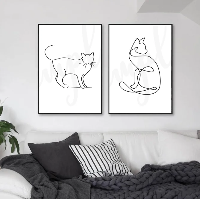 Cute Cat Sitting Gesture Poster Line Draw Animals Picture Print Minimalist Wall Art Home Decor Canvas Painting for Bedroom