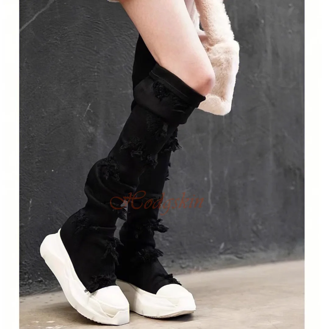 

Denim Pleated Thick Sole Boots Round Toe Patchwork Thin Over The Knee Boots Women Sexy Shoes Autumn Slip On Elastic Casual Shoes