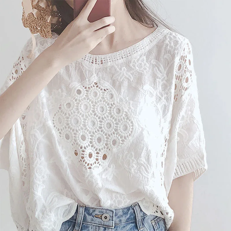 Fashion Elegant Hook Flower Hollow Solid Color Blouse Women\'s Clothing Summer All-match Female O-Neck Loose Embroidery Shirt