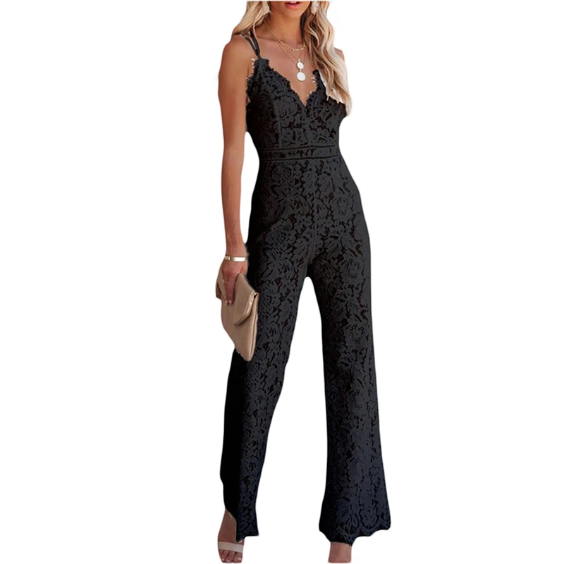 Women\'s Clothing Elegant Jumpsuit, Spaghetti Straps V Neck Solid Color Lace Open Back Wide-leg Jumpsuits Long Playsuit