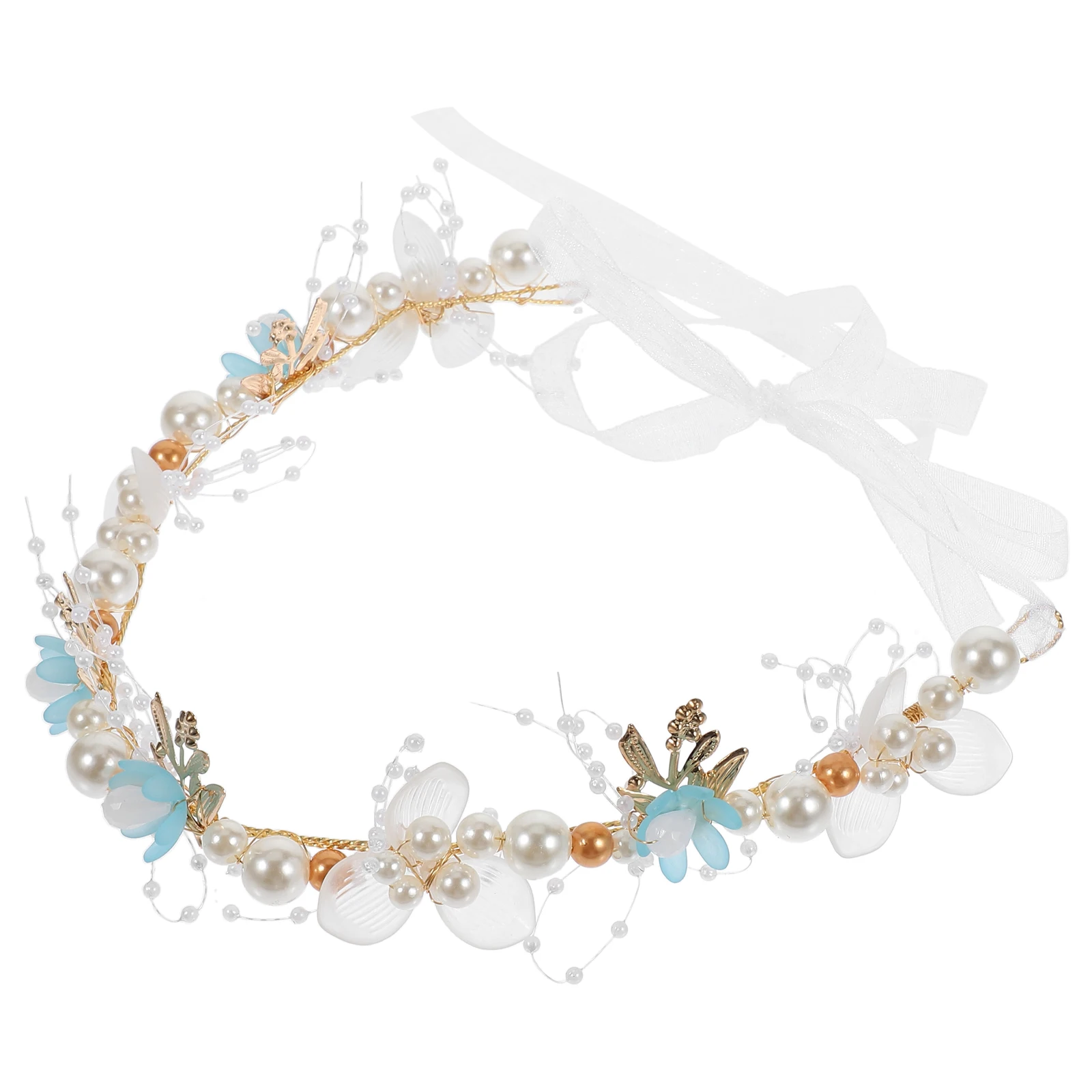 

Pearl Headband Elegant Hair Accessories Women Blue Pearl Flowers Leaf Design Wedding Party Ribbon Headpiece Hair Vine