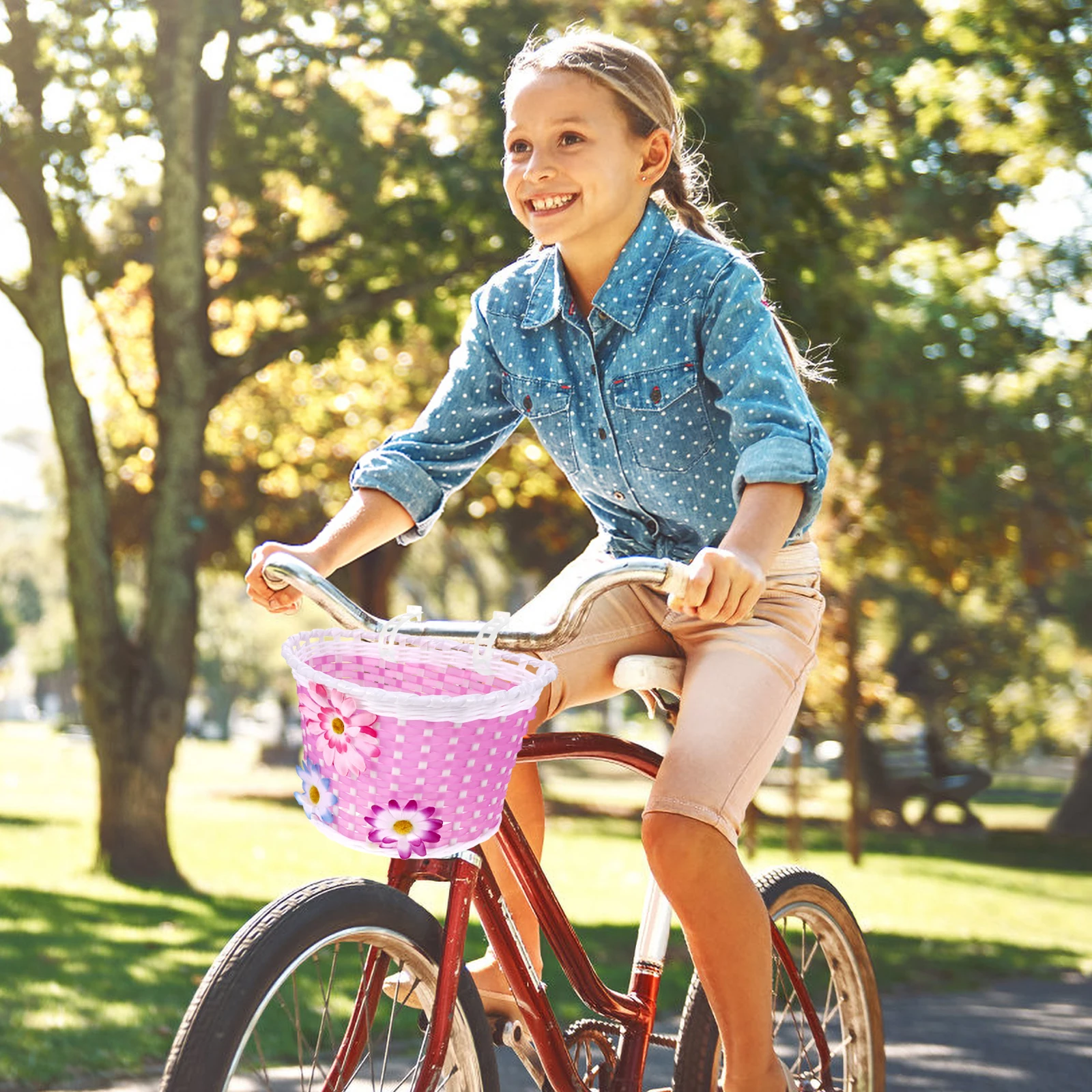 

Children's Bicycle Front Handlebar Basket Pink Handmade Bike Storage Kids Girl Outdoor Cycling Accessories Detachable Decoration