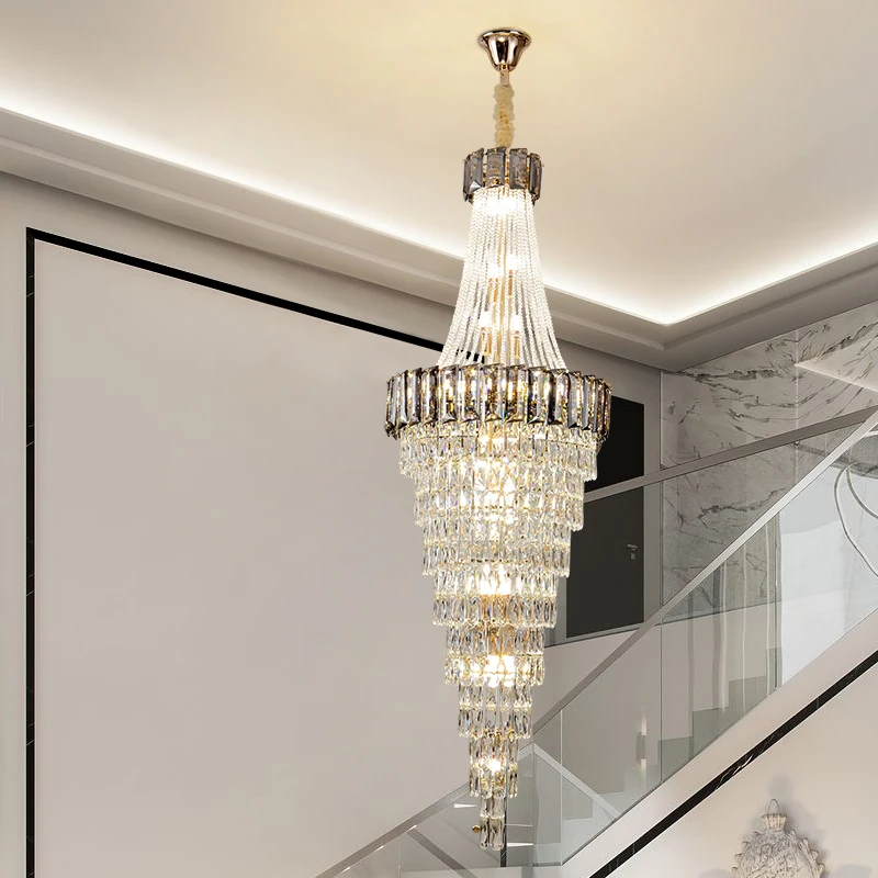 

Simple Modern Staircase Pendant Lamp Villa Column Smoke Grey Crystal Lighting Hotel Engineering Building Hanging Line Lights