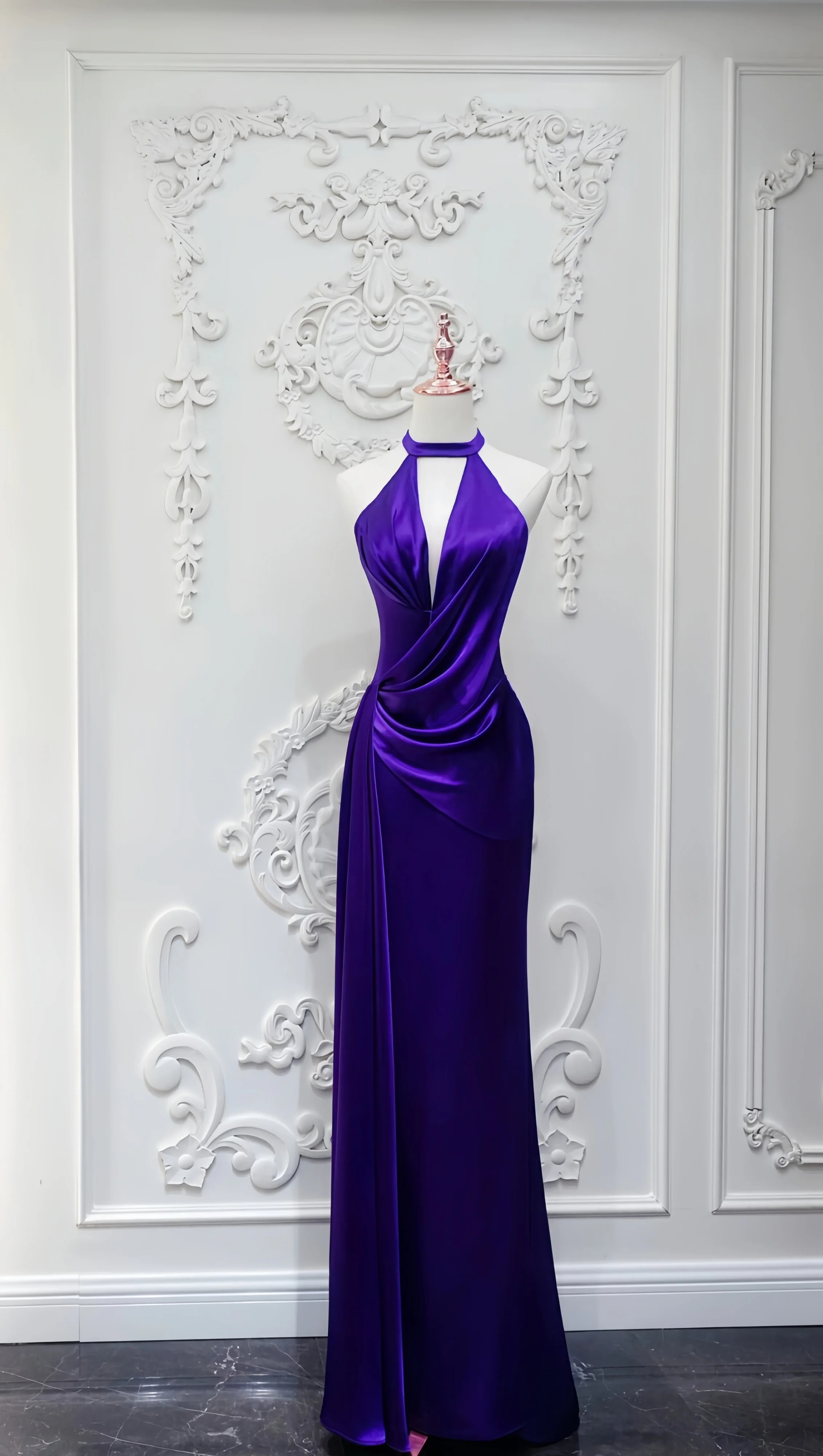 Vintage Purple Evening Dress Satin Slim Sexy Open Back Side Slit Suspender Sleeveless Pleated Special Occasion Banquet Dress