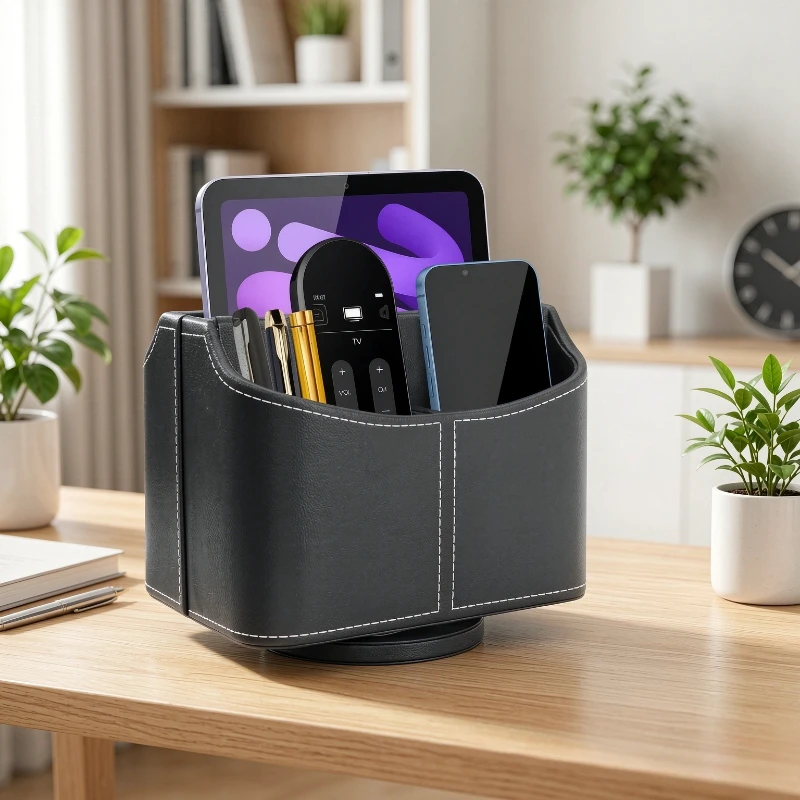 360 Degree Rotating Desk Organizer Leather Pen Holder Storage Box for Office Desktop Pens Remote Control Container 데스크 정리함