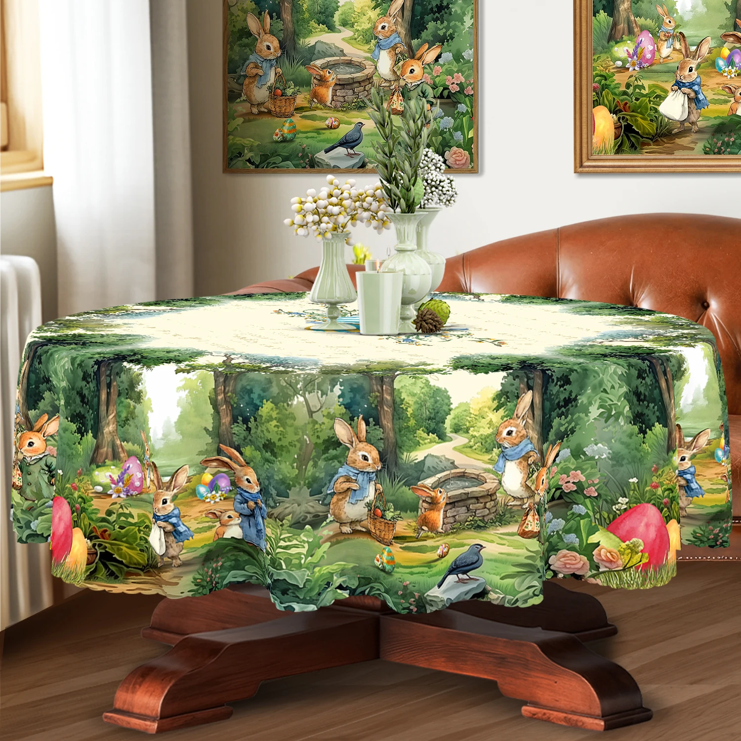 Fairy-Tale Easter Bunny Tablecloth, Cute and Playful Rabbits, Pigeons, Easter Eggs, Lush Green Forest, Vibrant Floral Prints, Multiple Size Options, Embossed Edges, Waterproof, Wrinkle-Resistant, Fade-Resistant, Round and Rectangular Options Available, Suitable for Indoor and Outdoor Dining Tables in Spring, Summer, Autumn, and Winter, Ideal for Home, Kitchen, Restaurant, Terrace, Courtyard Use, Buffet Outdoor Parties and Camping, Perfect Gift H184