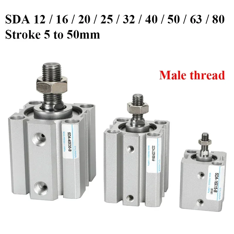 SDA B Series Male Thread Bore 12 16 20 25 32 40 50 63 80mm Stroke 5 10 20 25 30 40 45 50mm Air Pneumatic Compact Thin Cylinder