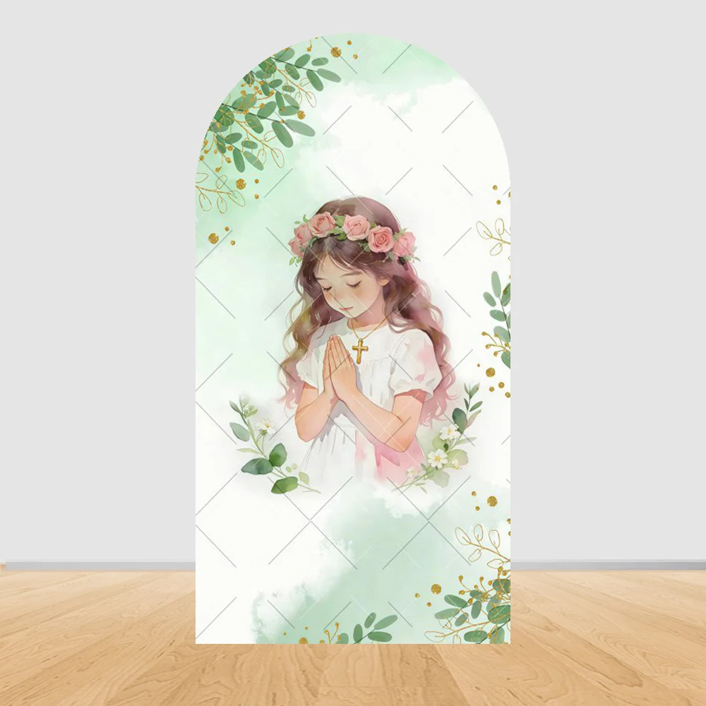 First Holy Communion Arch Backdrop Cover Boys Girls Christening God Bless Cross Green Leaves Decor Backgrounds for Photographs view 5