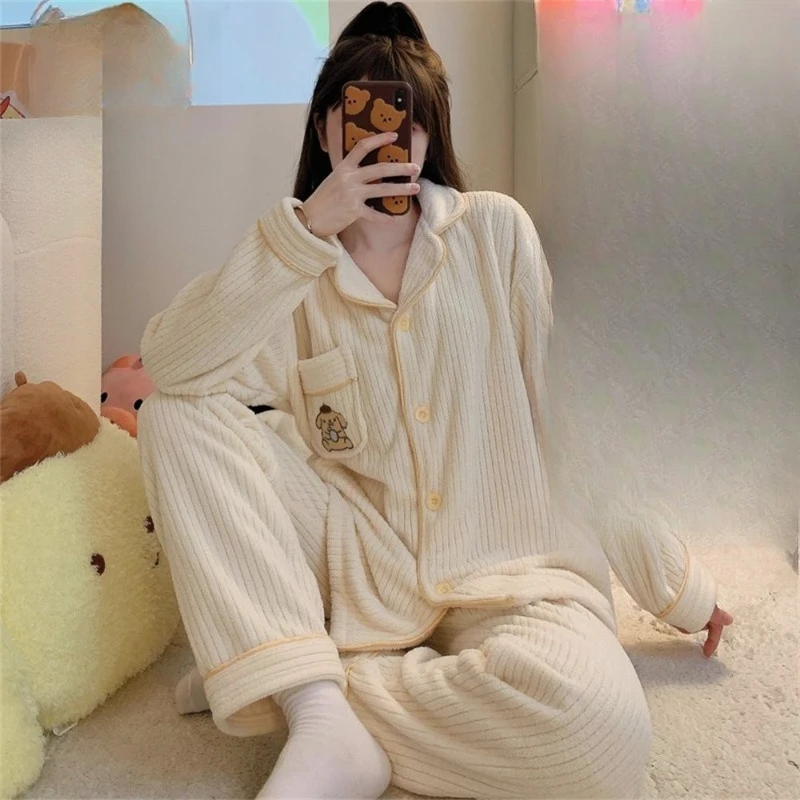

Cute Cartoon Pompom Purins Coral Velvet Pajamas Girls Autumn and Winter Plus Velvet Thickened Flannel Student Home Clothes Set