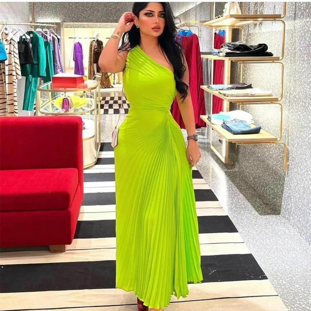 

Long One Shoulder Green Evening Dresses A-Line Pleated Prom Gown Robes de soirée Floor Length فساتين السهر Party Dresses