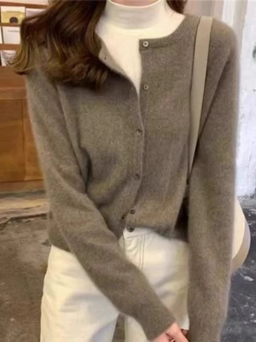 

Женский вязаный кардиган Camere с круглым вырезом, осенне-зимняя новинка, свободный крой, универсальный, укороченный, стройнящий силуэт