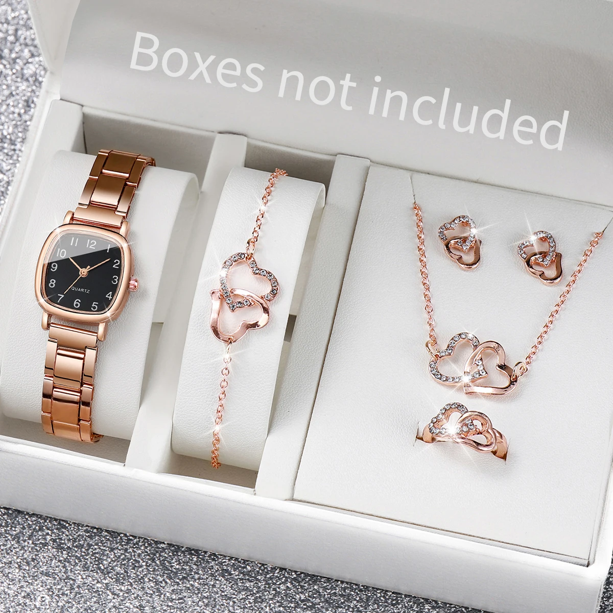 6PCS/Set Fashion Square Women‘s Watch Stainless Steel Band Quartz Watches Heart Jewelry Set（Without Box）