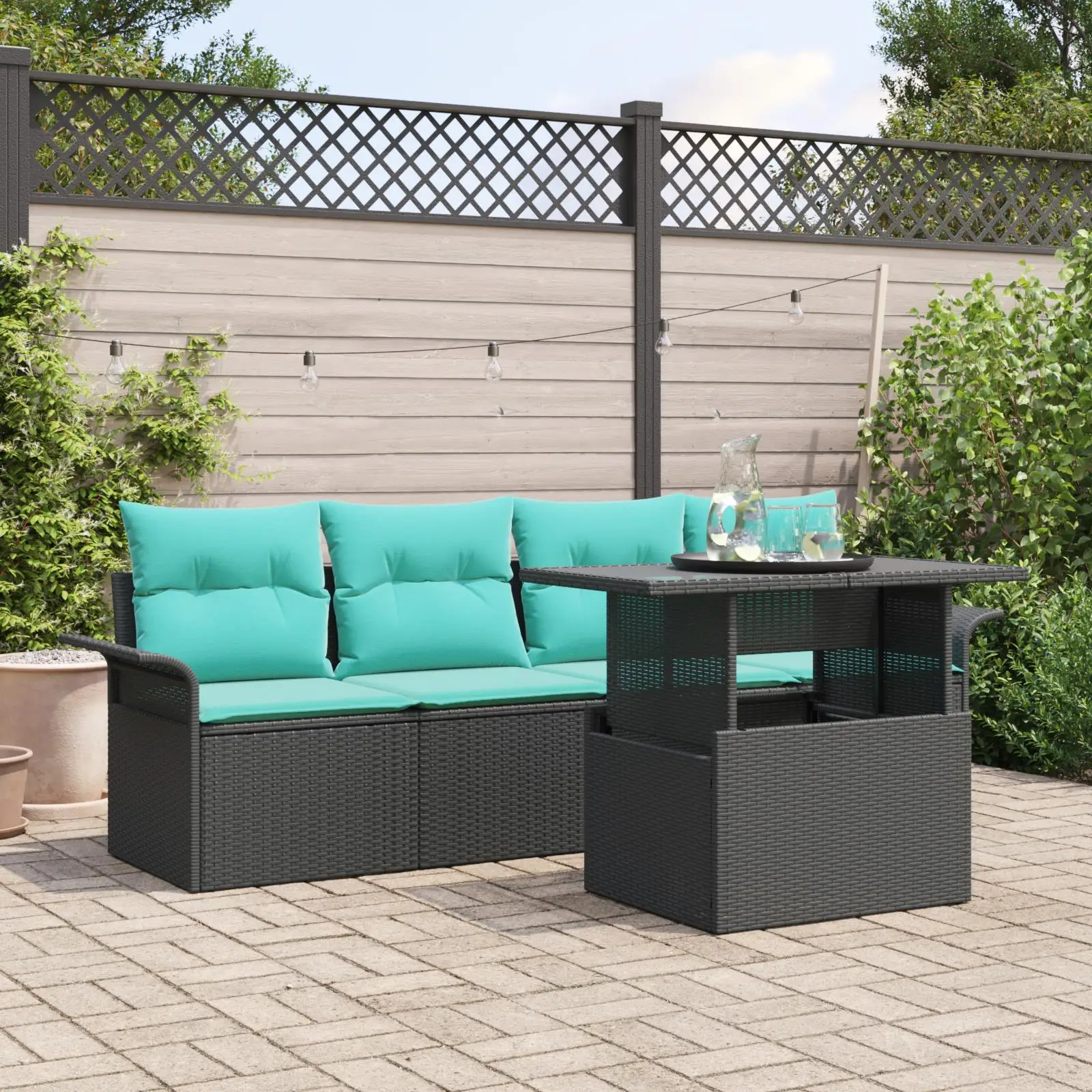 

Stylish 5 Piece Outdoor Sofa Set with Cushions Black Wicker Rattan Furniture for Garden Patio and Balcony
