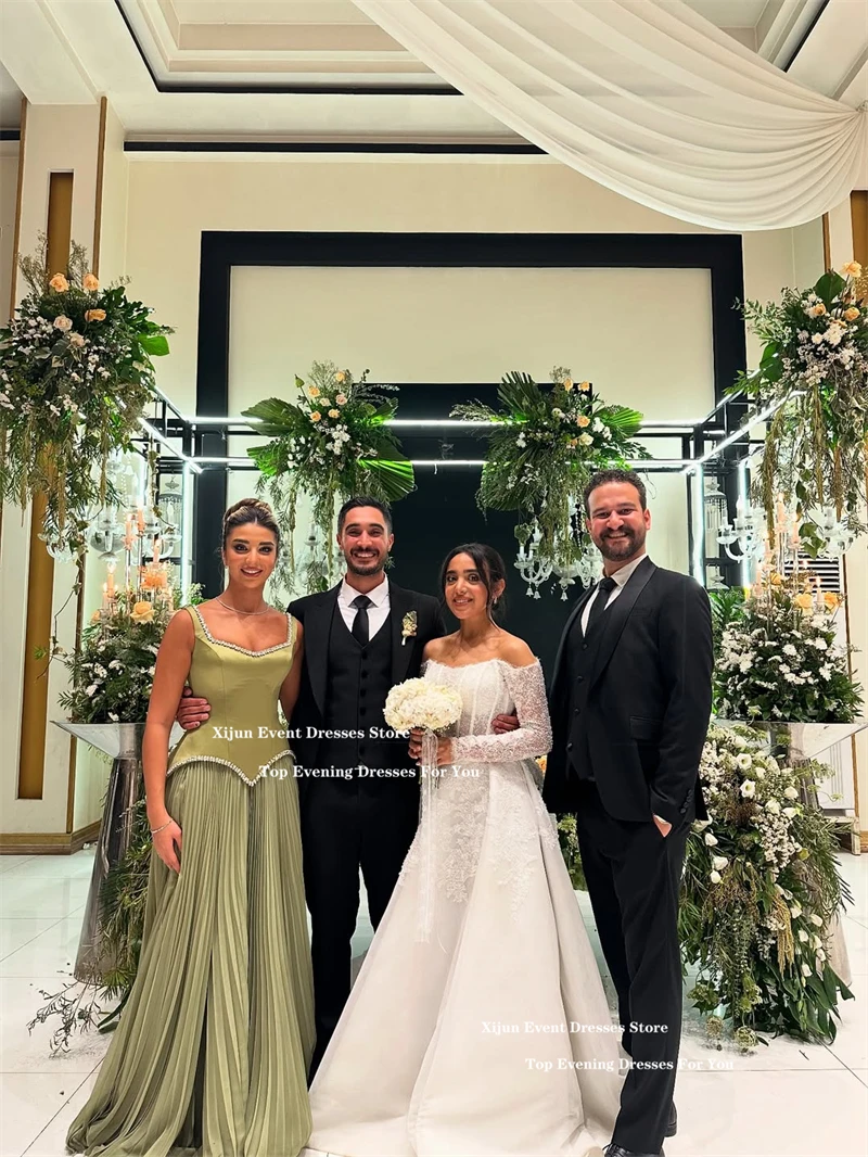 Xijun Gogerous Sage Green Evening Dresses Spaghetti Strap Crystal Ruched Prom Dresses Sleeveless A-Line Formal Prom Gowns Custom image 3