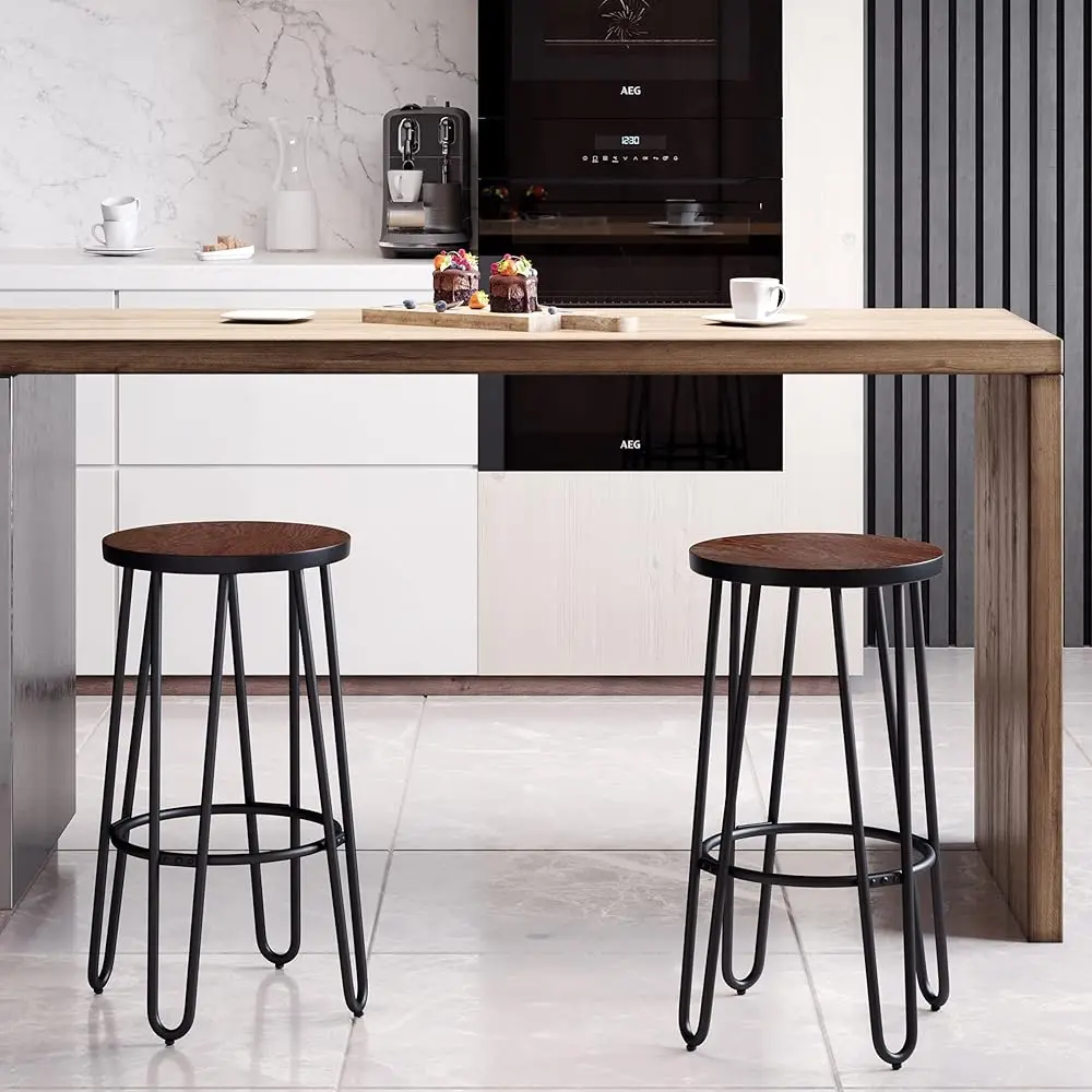 

Set Of 2 Bar Stools - 24-Inch-Tall Backl Barstools With Hairpin Legs And Wood Seat For Kitchen, Dining Room, Or Bar By