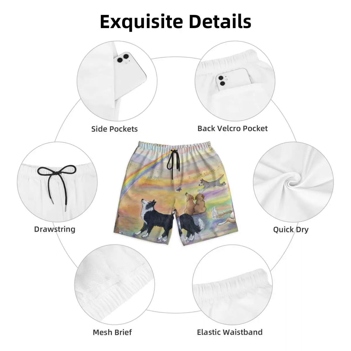 Dogs Wait For Their Humans At Rainbow Bridge Swim Trunks Swimwear Dry Beach Board Shorts Bearded Collie Pet Swimming Boardshorts