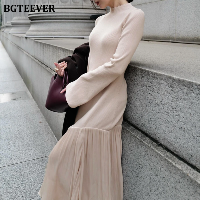 BGTEEVER Elegant Long Sleeve Women Knitted Patchwork Bodycon Dress Autumn Winter Stylish O-neck Slim Waist Female Sweater Dress