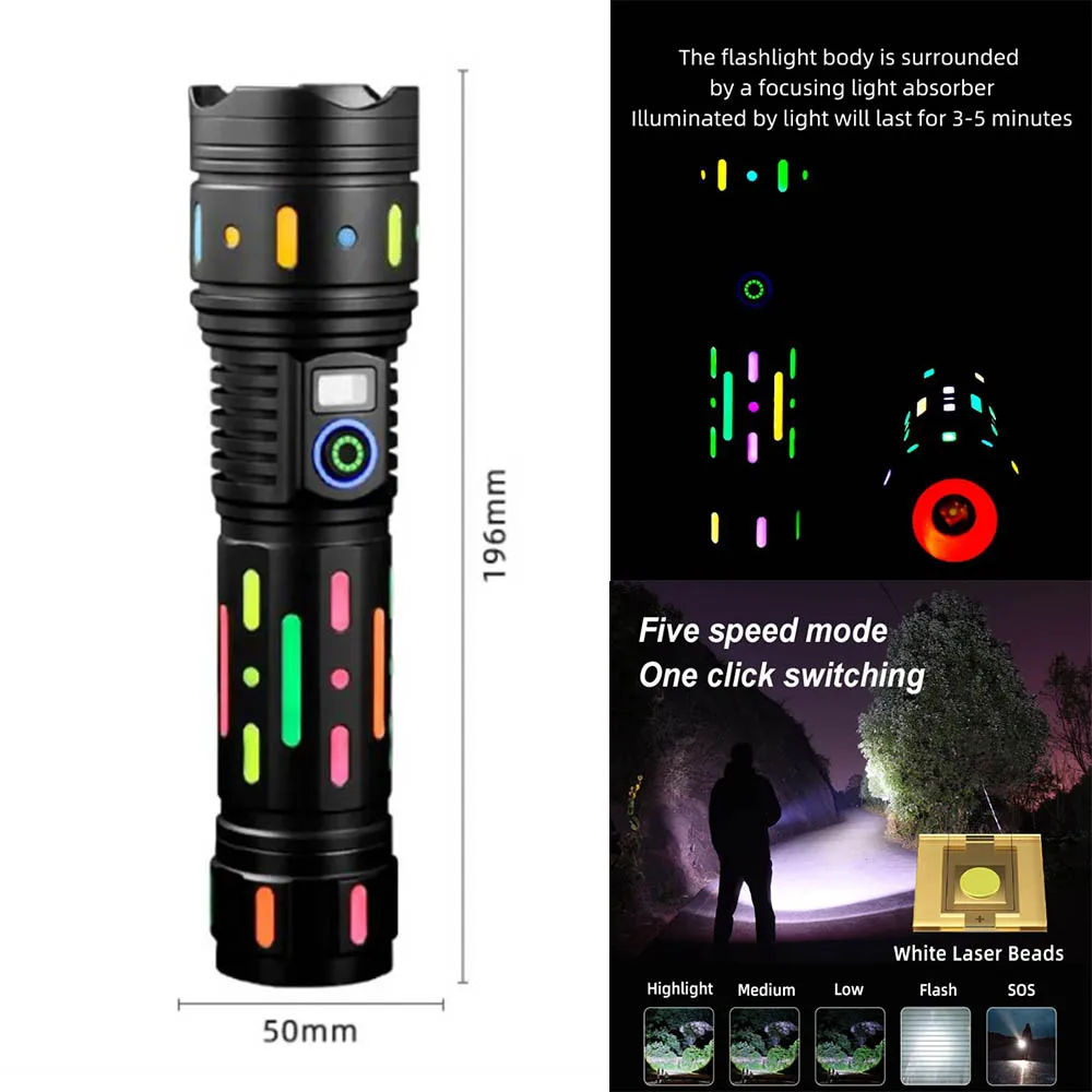 

10000 Lumens White Laser LED Flashlight Fluorescent Absorbing Film Luminous Colorful 5 modes Power Display Flashlight