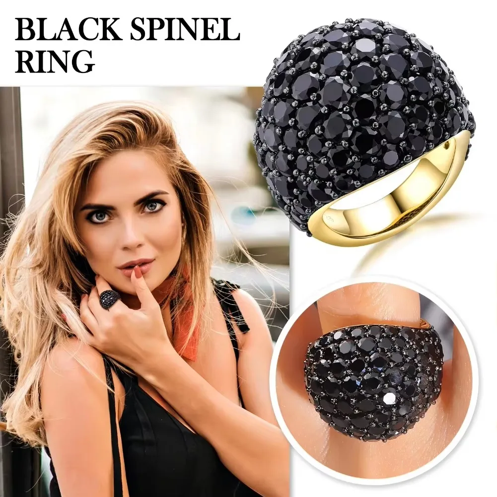 GZ ZONGFA 925 Sterling Silve Rings for Women 5.2ct Natural Black Spinel Gold Plated Half Eternity Wedding Rings Fine Jewelry