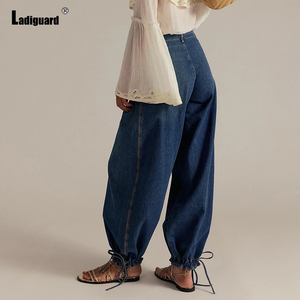 Dames Stand Pocket Casual Bloeiers Denim Broek Sexy Patchwork Jeans Broek 2025, Europese Mode Losse Harem Denim Broek Nieuw