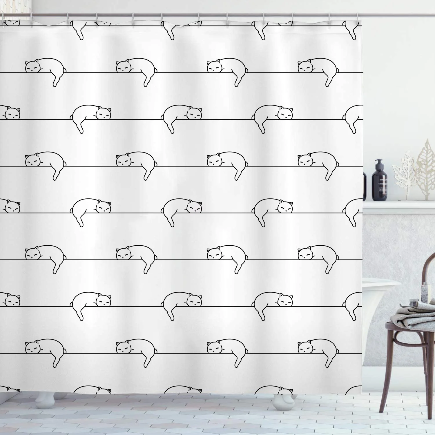Black Line Katzen-Duschvorhänge, waschbarer Stoff, Polyester, für Badewanne, Kunst, Badezimmer, Dekor, Trennwand mit Haken, zum Aufhängen, wasserdicht – Detail 6